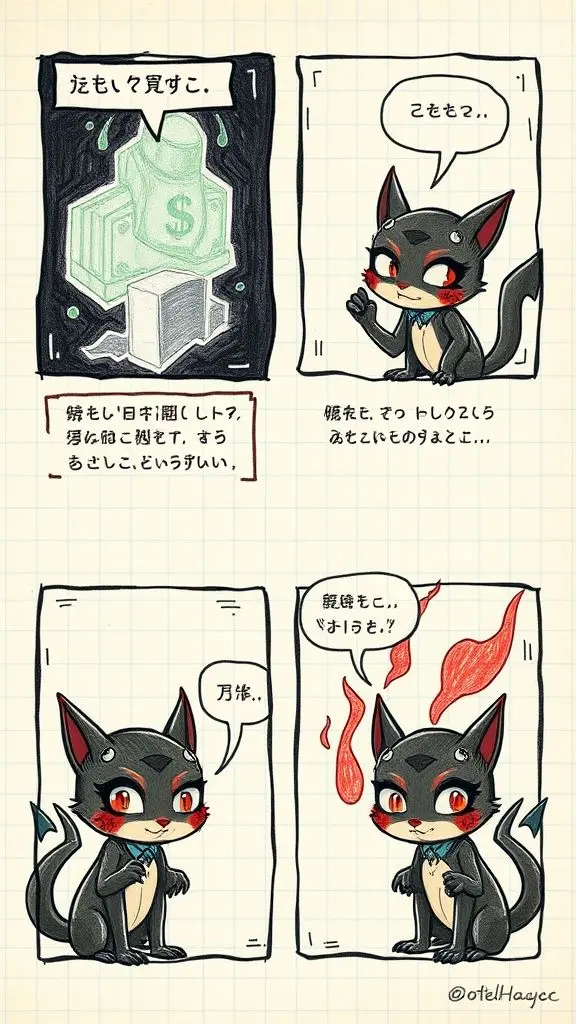 1920s cartoon style drawing of a devilish pixie with fox features, dollar sign eye, on graph paper.