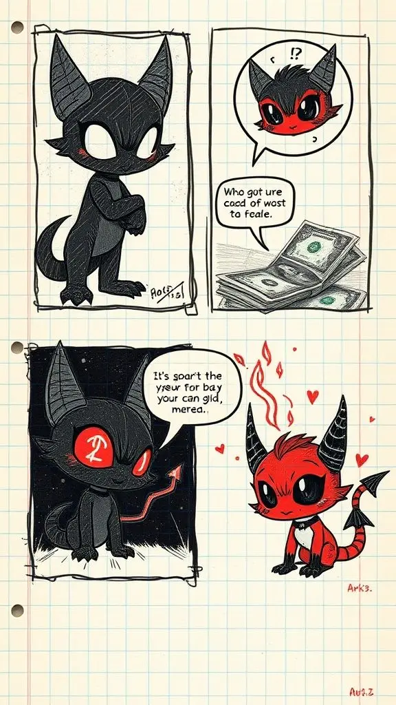 Black and white oil pastel sketch of a devil character with dollar signs.