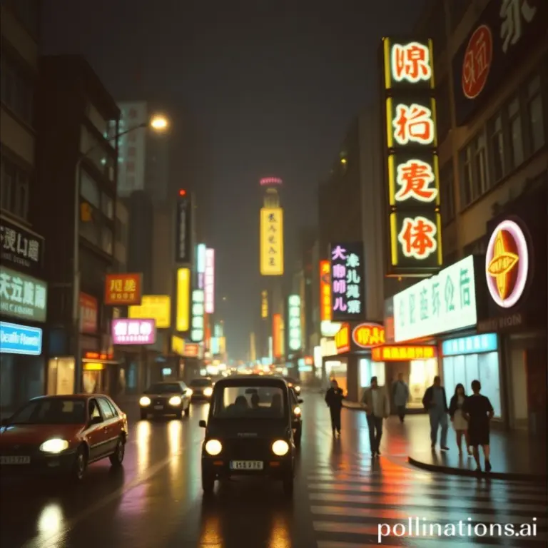 Neon-lit Hong Kong street at night in the rain, 1980s.
