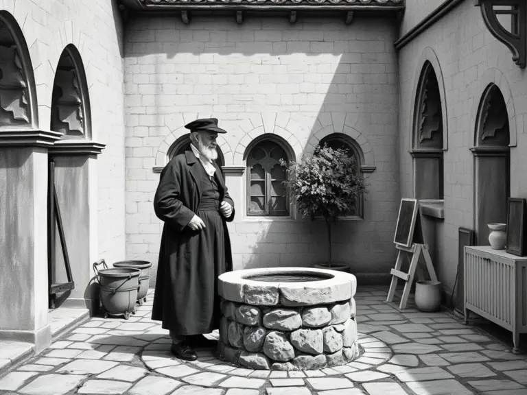 Two old men talking by a well in a cloister courtyard.