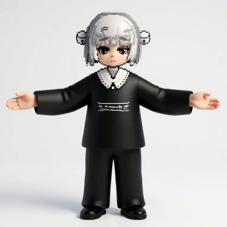 3D rendered character model in T-pose with realistic textures and clothing.