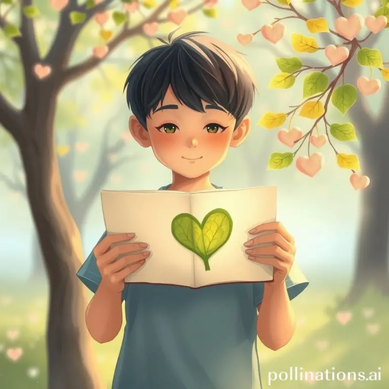 Boy showing notebook with leaf drawing to tree with heart leaves.