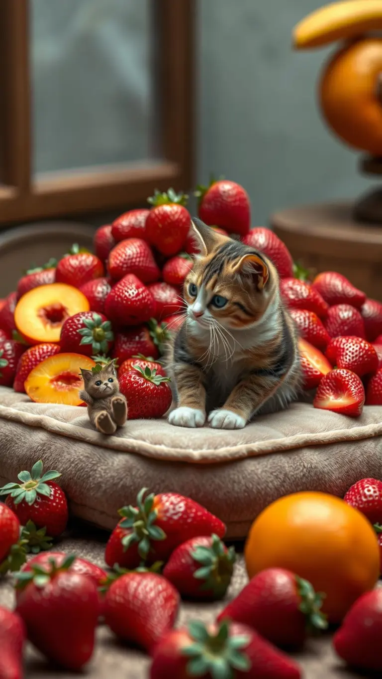 A detailed, realistic image of a cat sitting on a cushion amidst strawberries and other fruits.