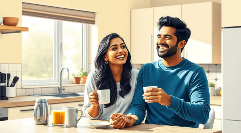 Couple laughing over breakfast in a sunlit kitchen, colored pencil drawing.