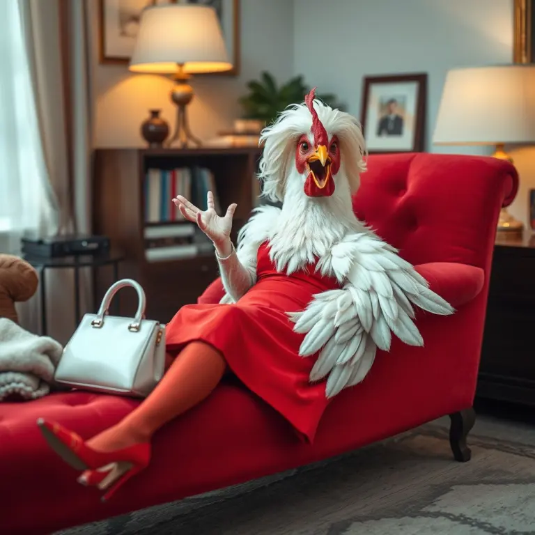 Elderly chicken in a red dress on a chaise lounge with a handbag.