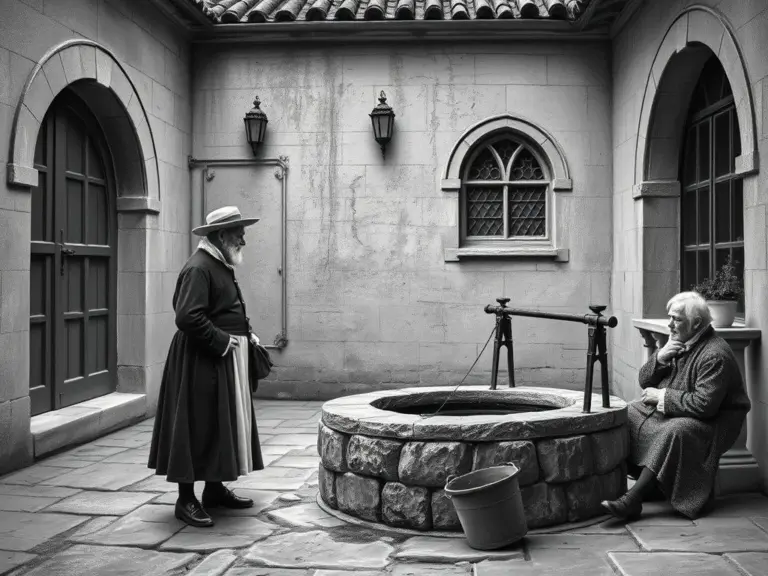 Two elderly men in 19th-century attire converse by a stone well in a cloister courtyard.