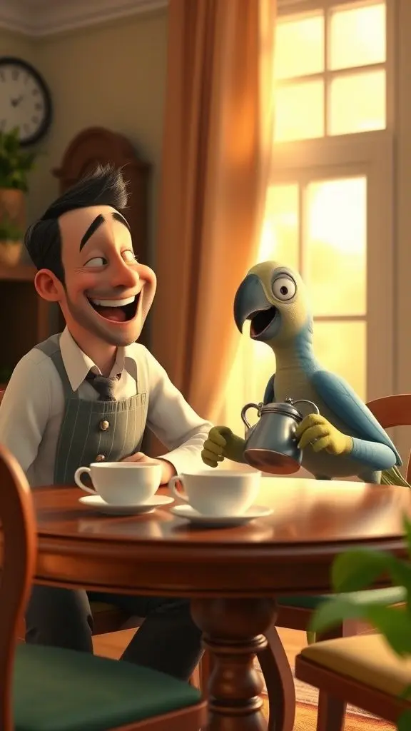 Man laughing while pouring tea, with a parrot holding a teacup at a table.