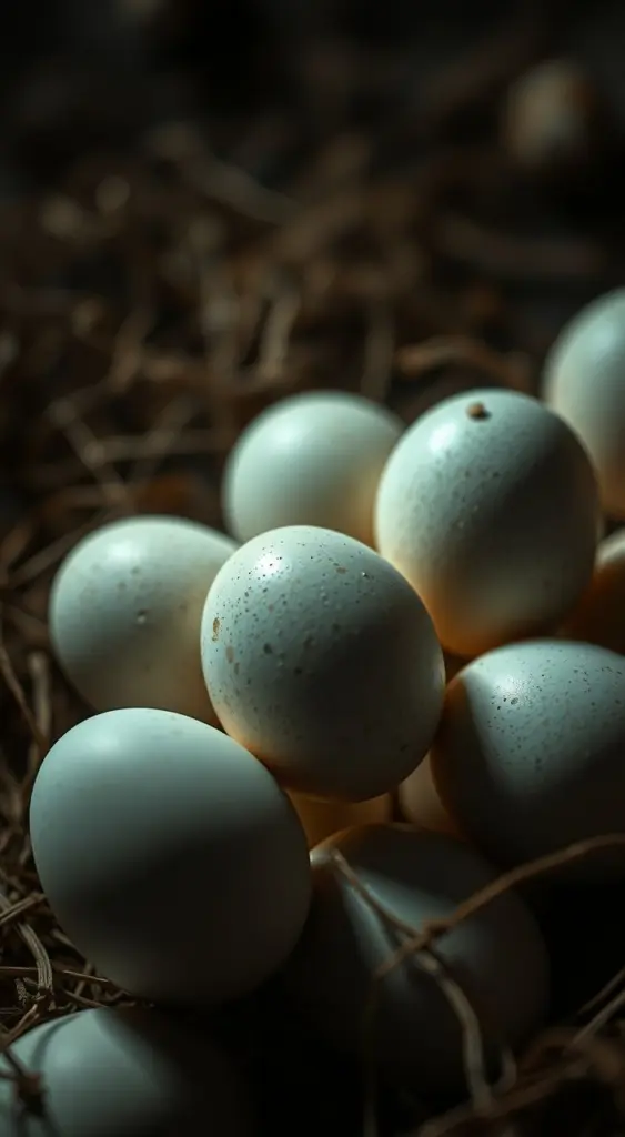 Close-up of white eggs with dramatic lighting.