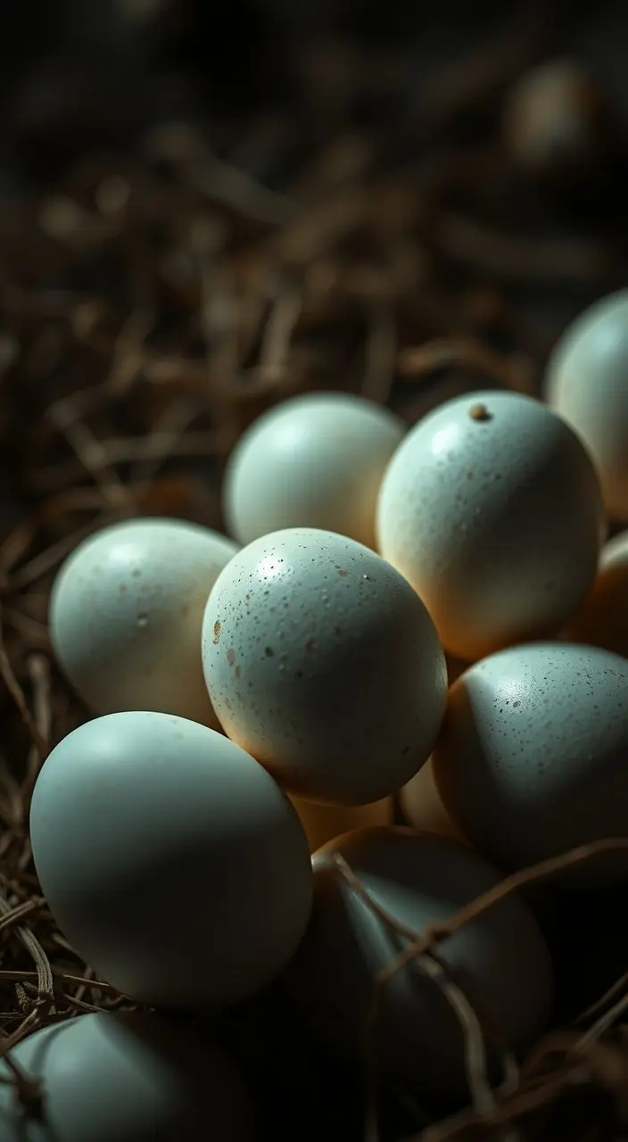 Close-up of white eggs with dramatic lighting.