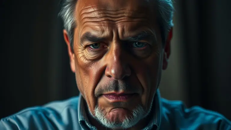 Close-up of a man's face, lit from the front, conveying paternal acceptance and purpose.
