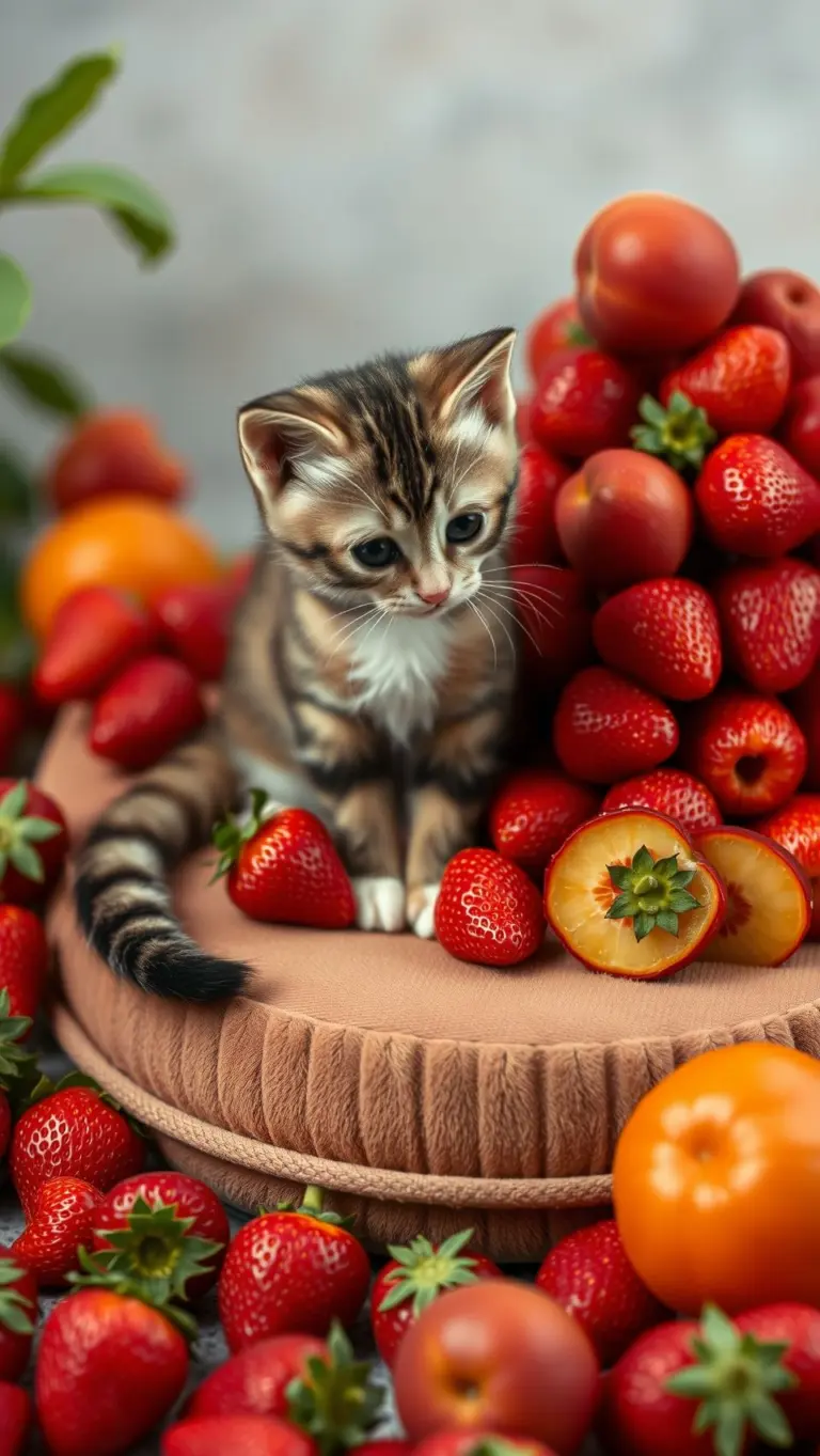 A realistic cat sitting on a velvet cushion, surrounded by strawberries and peaches, eyeing an orange.