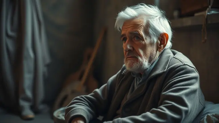 Elderly man in soft light, thoughtful expression.