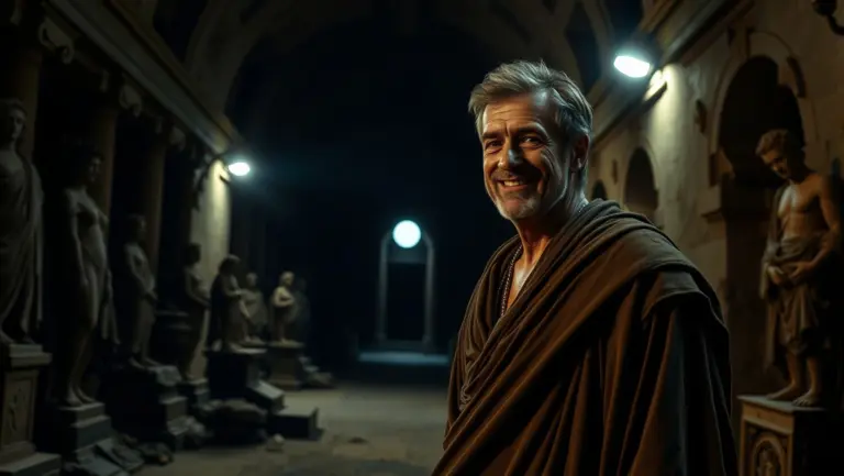 Man smiling in ancient Roman chamber with moonlight.