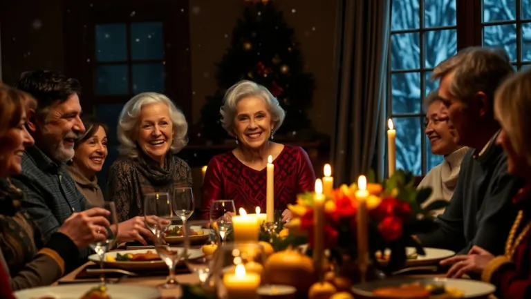 Matriarch with silver hair smiling at a festive family dinner table with snow falling outside.