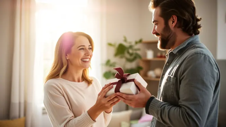 Wife gives husband a belt as a gift.