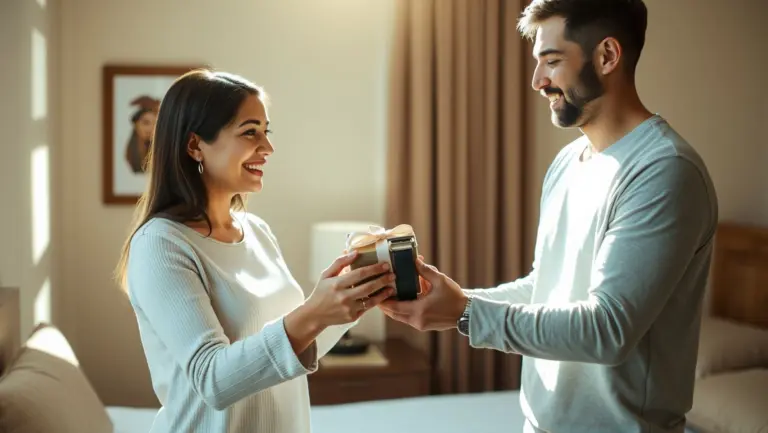 Wife giving husband a belt gift in a warm, sunlit bedroom.