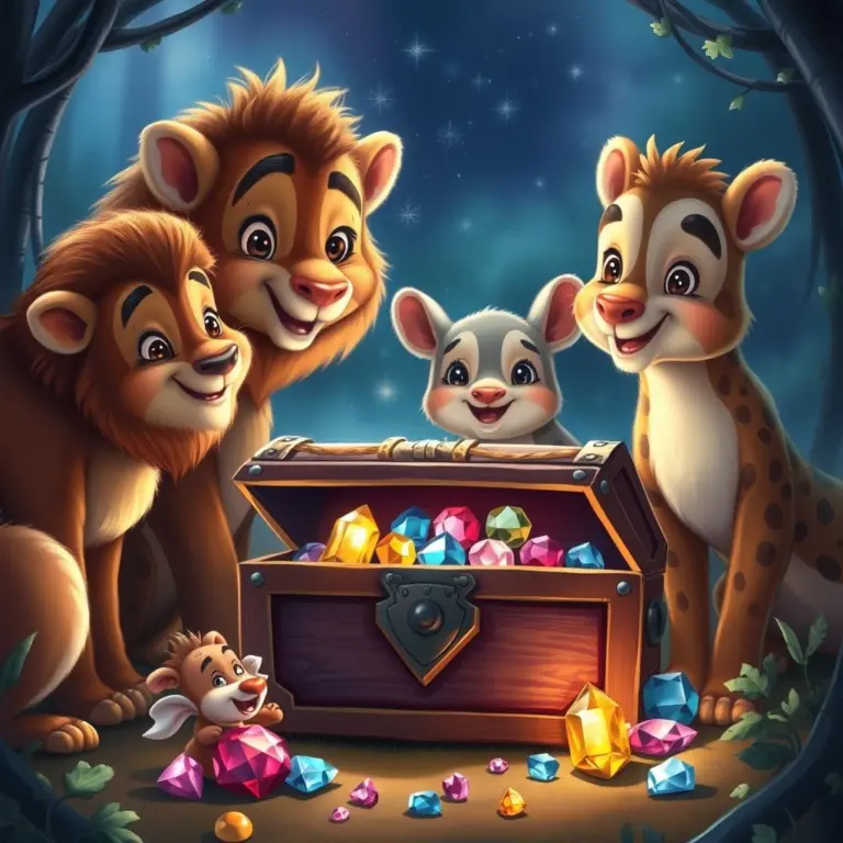 Animals looking at a treasure chest full of gems.