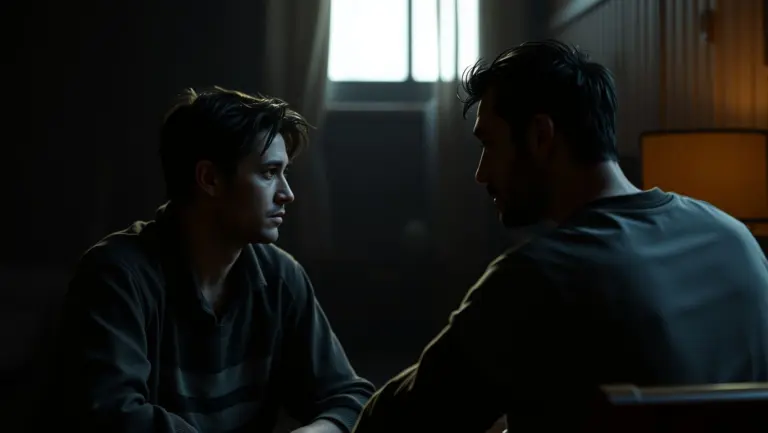 Two people in a dimly lit room, focused on each other, with dramatic shadows.