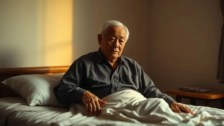 Elderly Asian man sitting peacefully on a bed, warm light, contemplative expression.