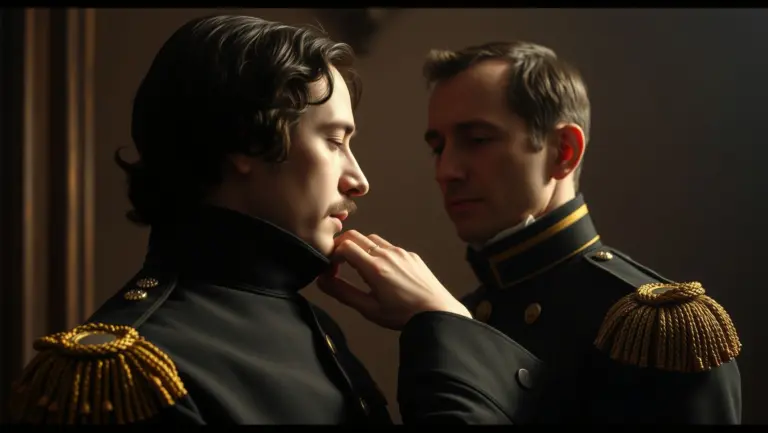 Close-up of Lermontov touching the shoulder of a man in uniform.