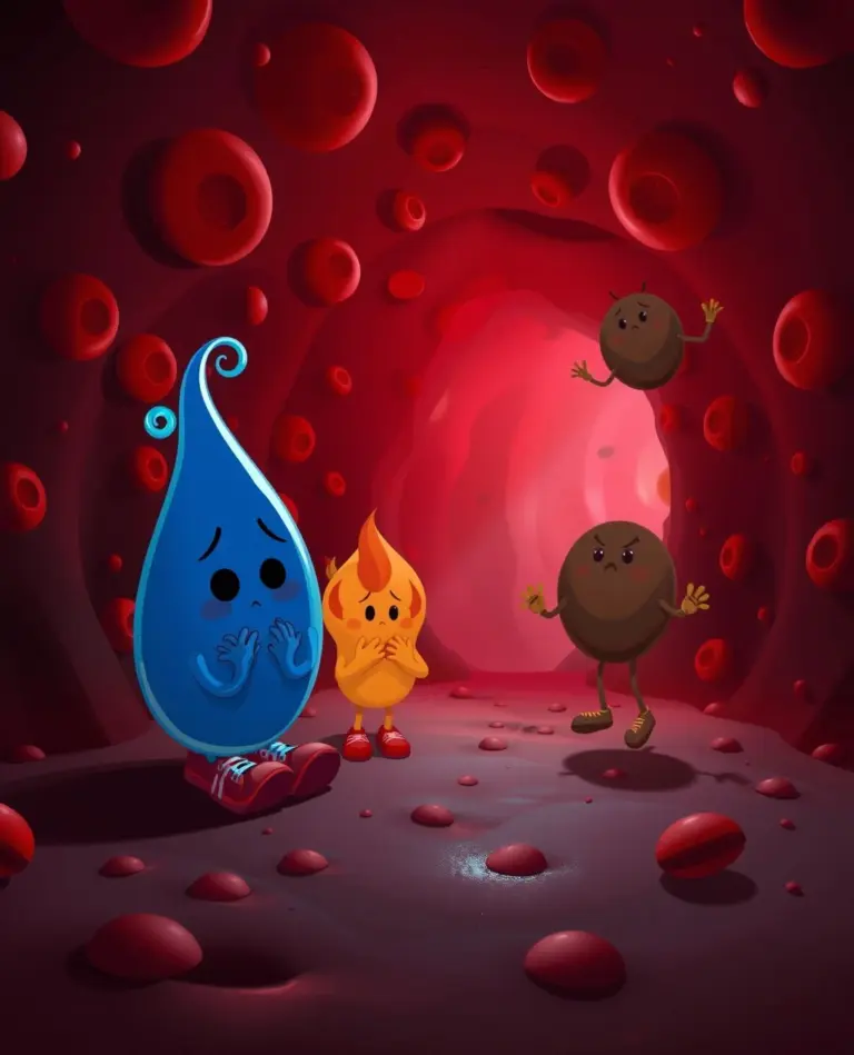 Cartoon characters Kappu, Pittu, and Vatu look ill inside a red bloodstream.