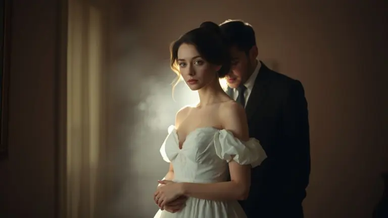 Actress in softly lit room with a man whispering secrets.