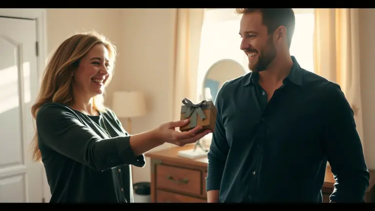 Wife giving husband a gift in a bedroom.