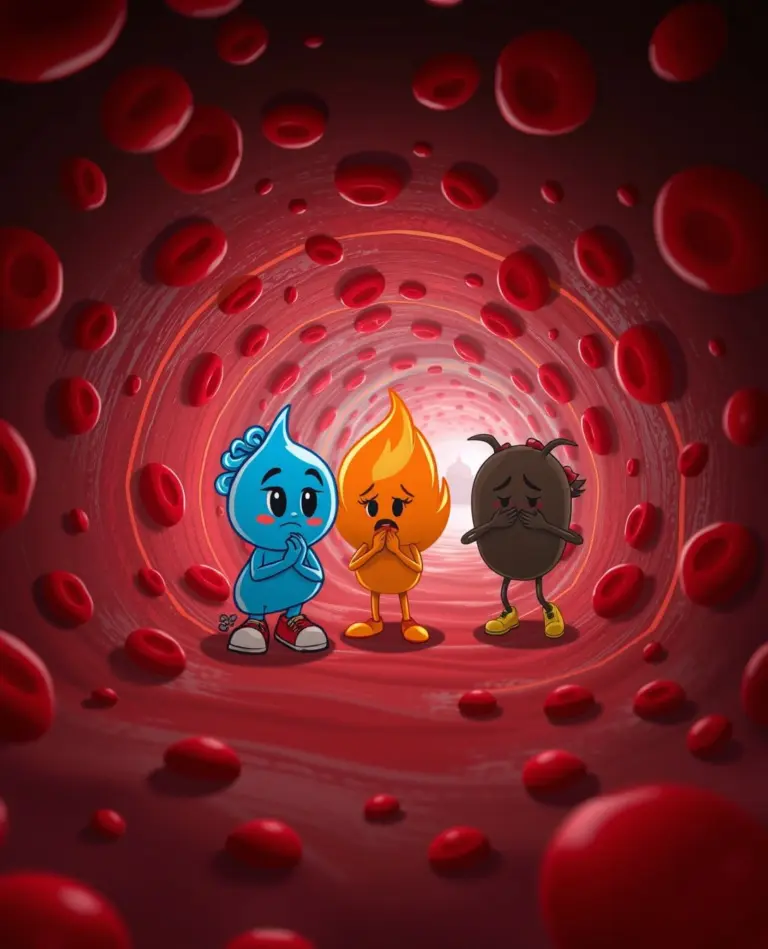 Cartoon characters Kappu, Pittu, and Vatu are weak inside a red bloodstream tunnel with drifting blood cells and toxins.