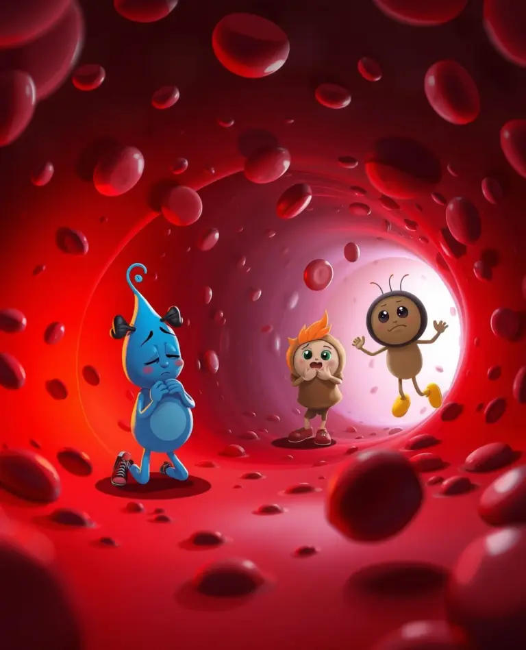 Cartoon characters Kappu, Pittu, and Vatu appear weak inside a red bloodstream tunnel.