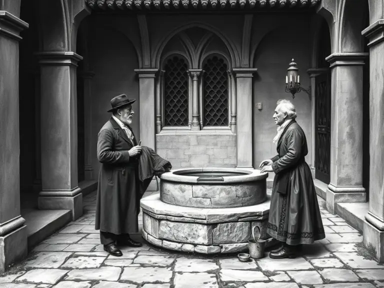 Two old men in 19th-century clothes talking by a stone well in a cloister courtyard.