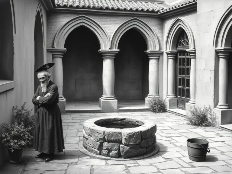 Two old men talking by a well in a cloister courtyard.