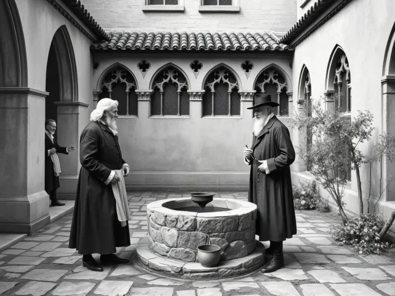 Two old men in 19th-century clothes talking by a stone well in a cloister courtyard.