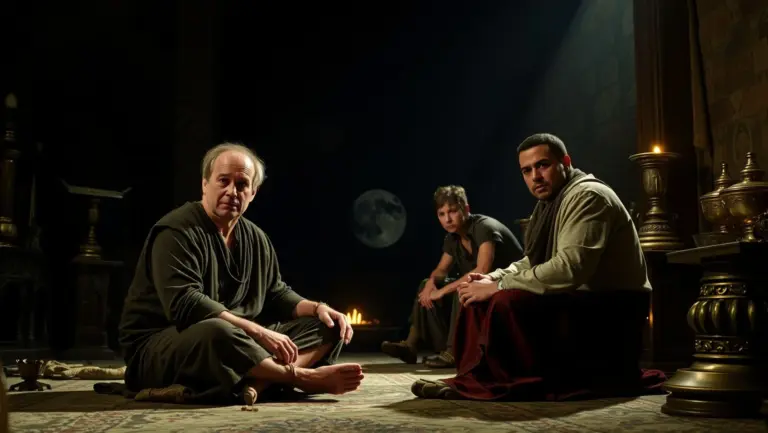 A man named Vico sits on a chamber floor, looking vulnerable, while Marco and Lucia sit nearby, all in a dimly lit room with ancient artifacts.