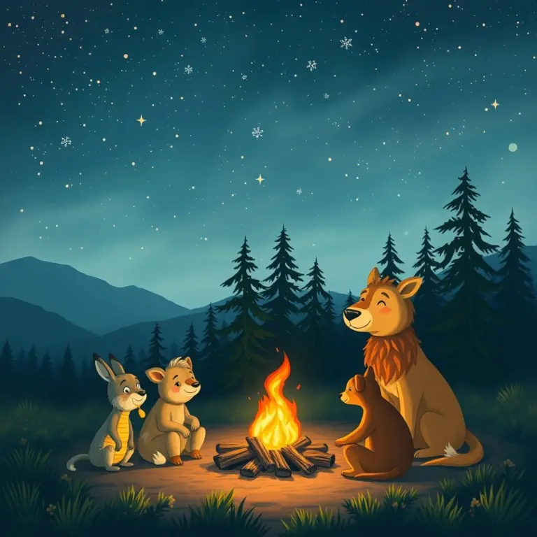 Animals sharing dreams around a campfire at night.