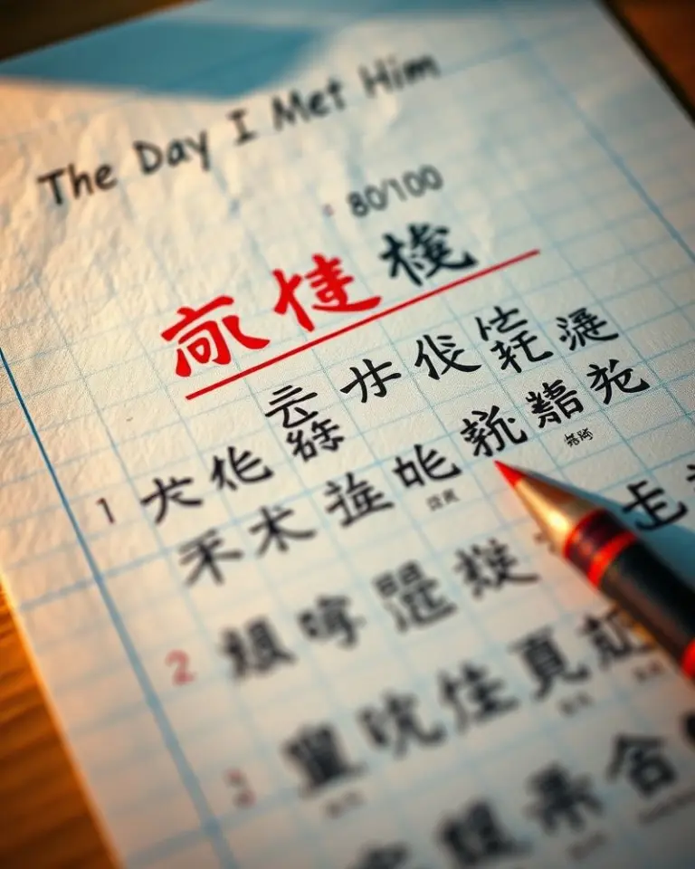 Handwritten Chinese essay on light blue grid paper, graded 80/100.