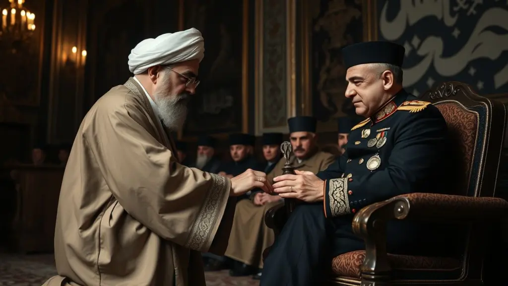 Khamenei and Mohammad Reza Shah Pahlavi in a symbolic pose.