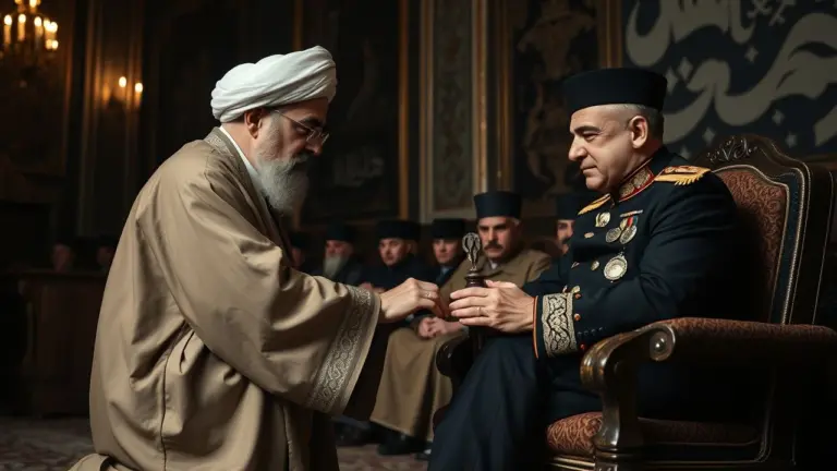 Khamenei and Mohammad Reza Shah Pahlavi in a symbolic pose.