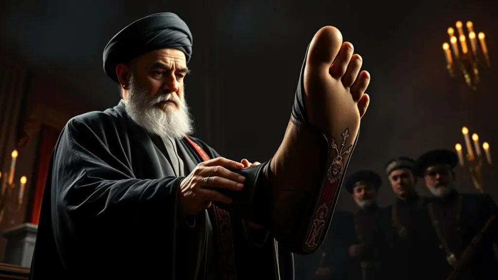 Khamenei grasps the foot of Mohammad Reza Shah Pahlavi.