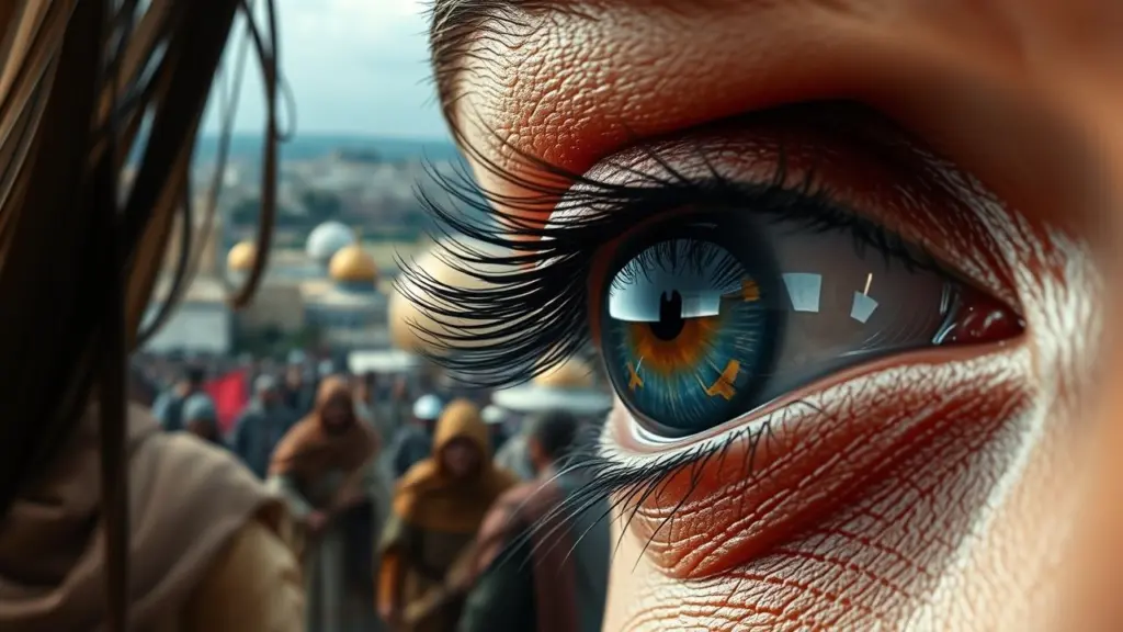 Close-up of a tearful eye reflecting the Golden Dome of the Rock, with a chaotic background.