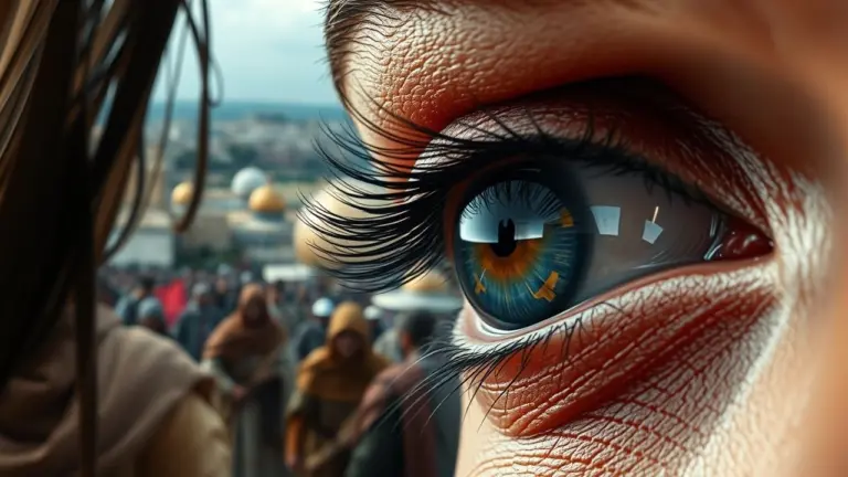 Close-up of a tearful eye reflecting the Golden Dome of the Rock, with a chaotic background.