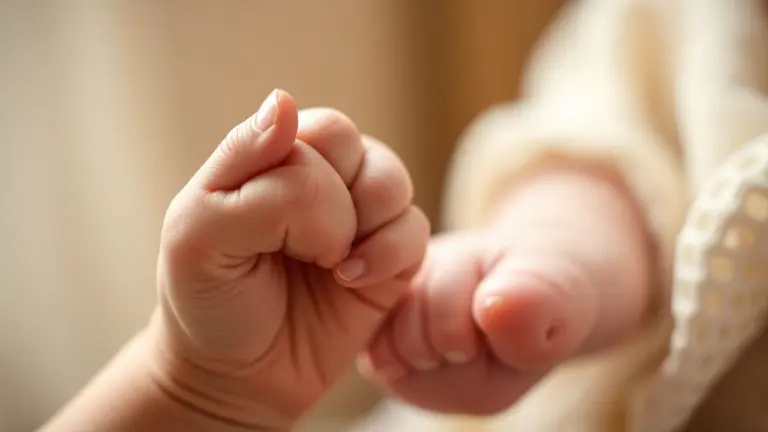 Close-up of a baby's hand holding an adult's finger.