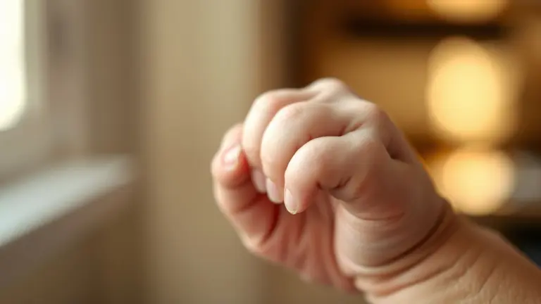 Close-up of a baby's hand holding an adult's finger.