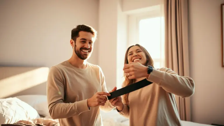 Wife gives husband a belt in a sunlit bedroom.