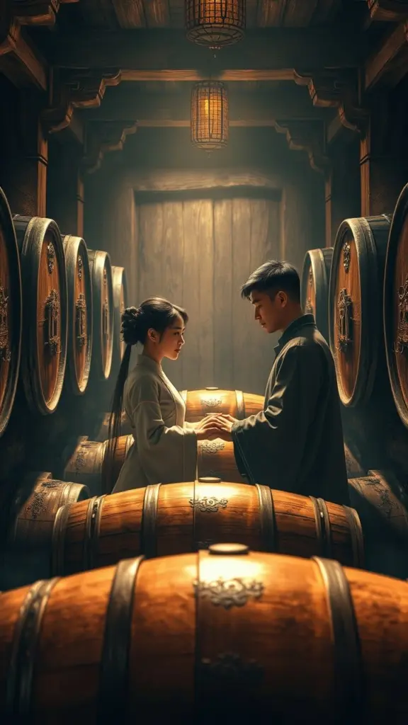 Chunyu and Jian in a rustic wine cellar with old barrels.