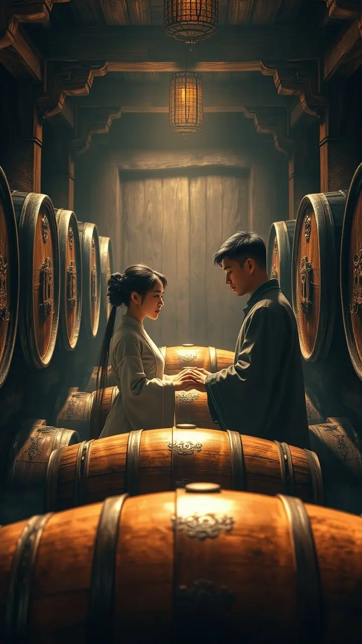 Chunyu and Jian in a rustic wine cellar with old barrels.