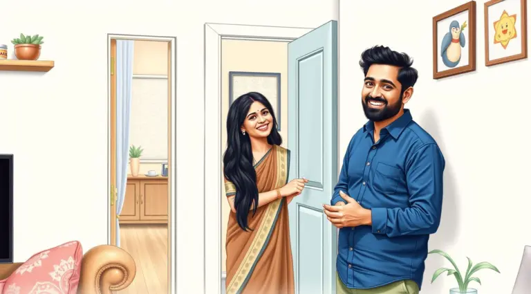 A man smiling at a woman at the door of a clean apartment.