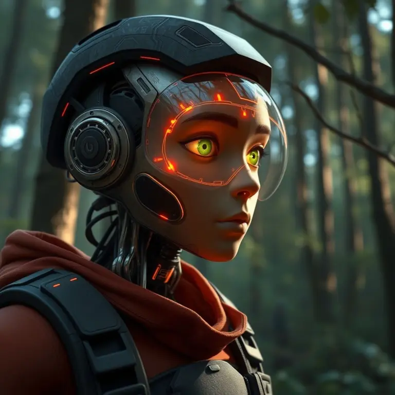 AI character in a forest looking at the viewer.