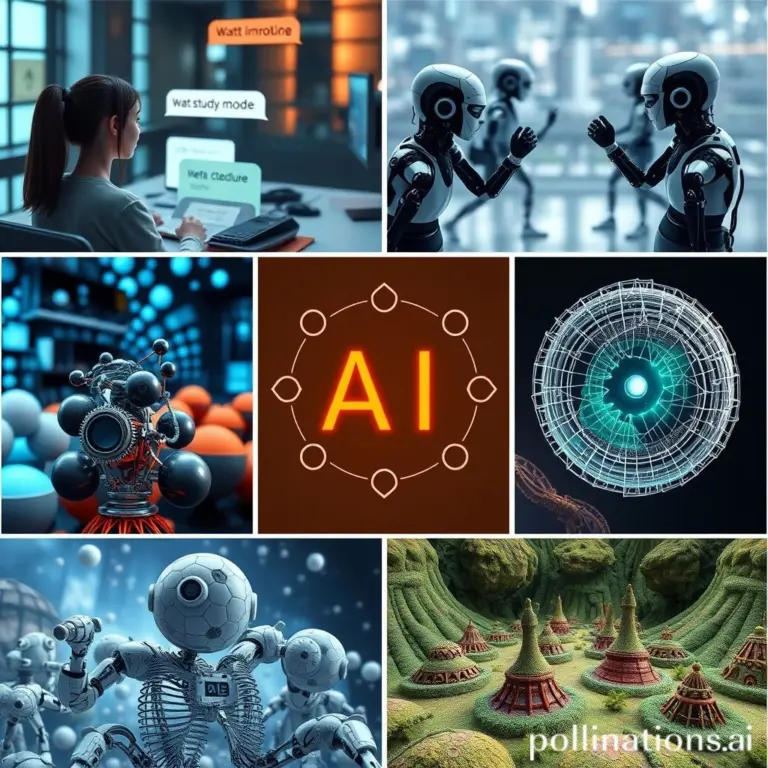 Collage illustrating AI advancements: study modes, agent swarms, no-code apps, AI image/video creation, and 3D worlds.