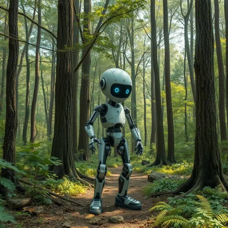 An AI character walking through a green forest.