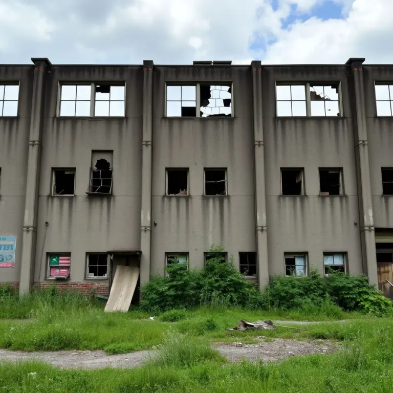 An old, dilapidated factory building with shattered windows.
